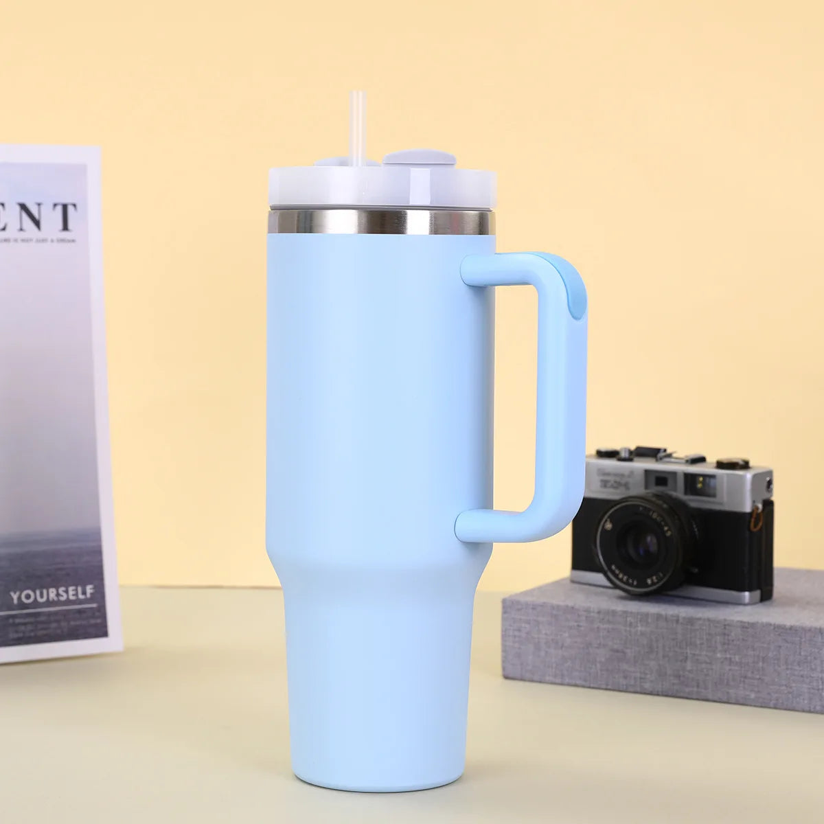 40oz 304 Stainless Steel Insulated Water Bottle,Thermal Coffee Car Cup, Cold Hot Mugs Flask With Handle Straw,For Sport